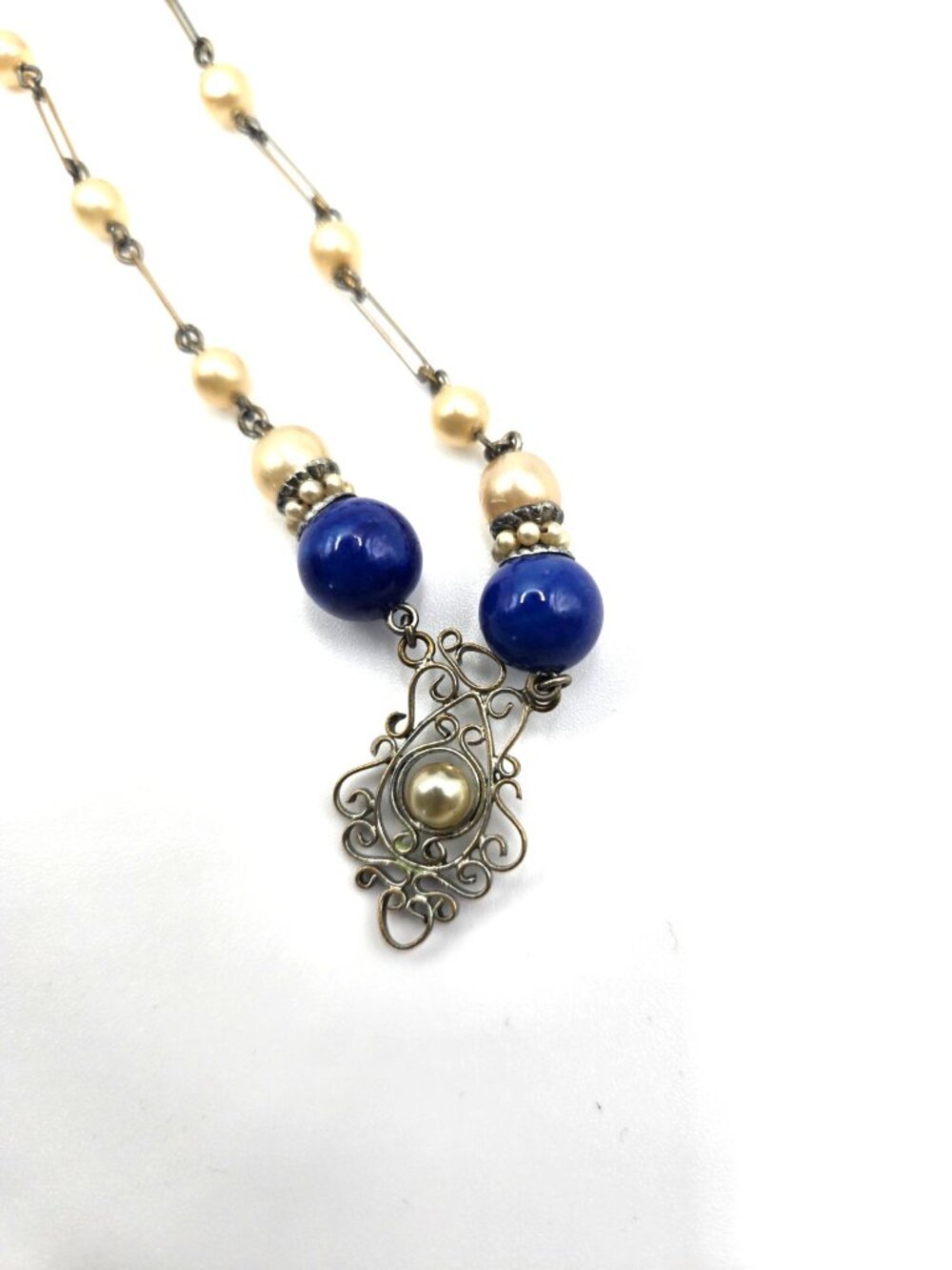 Antique Edwardian opera length Necklace Blue Glass Faux Pearl Filigree 1900-1915